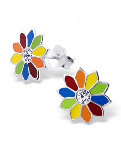 Mon-bijou - H4857 - Boucle d'oreille fleur multi-couleur en argent 925/1000