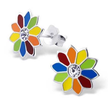 Mon-bijou - H4857 - Boucle d'oreille fleur multi-couleur en argent 925/1000