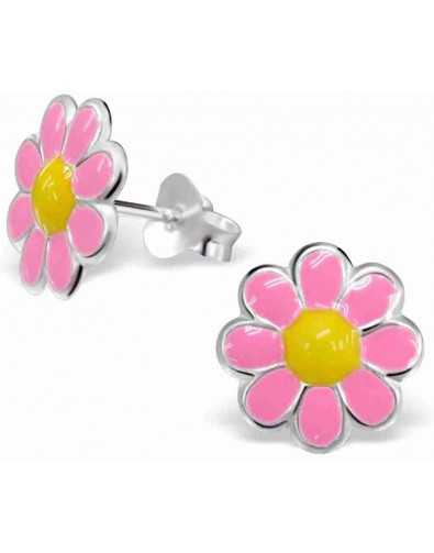 Boucle d'oreille fleur couleur rose en argent 925