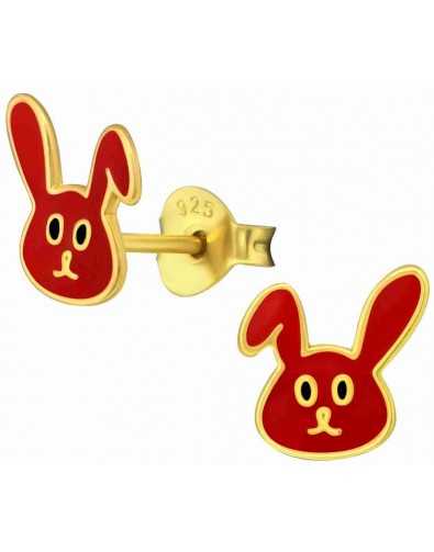 Boucle d'oreille petit lapin rouge doré en argent 925