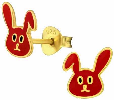 Boucle d'oreille petit lapin rouge doré en argent 925