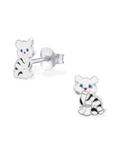 Mon-bijou - H2034 - Boucle d'oreille petit tigre blanc en argent 925/1000