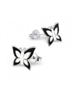 Mon-bijou - H4624 - Boucle d'oreille papillon noir et blanc en argent 925/1000