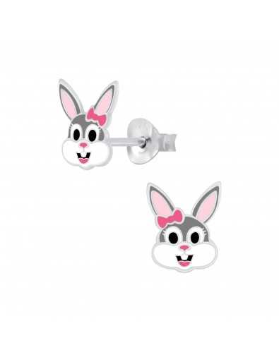 Boucle d'oreille lapin rose et gris en argent 925