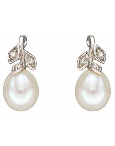 Boucle d'oreille perle et diamant en or blanc 375