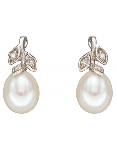 Mon-bijou - D2342 - Boucle d'oreille perle et diamant en or blanc 375/1000