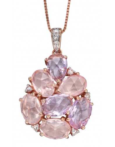 Collier rose de France et quartz rose avec diamant en or 375