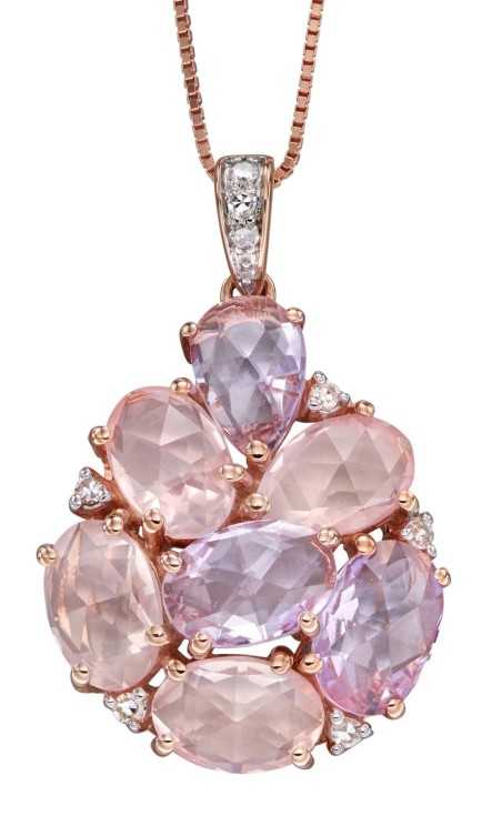 Collier rose de France et quartz rose avec diamant en or 375