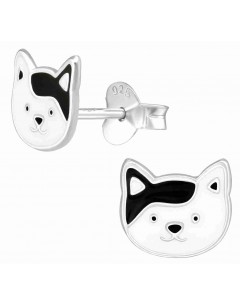 Mon-bijou - H39086 - Boucle d'oreille chat blanc et noir en argent 925/1000