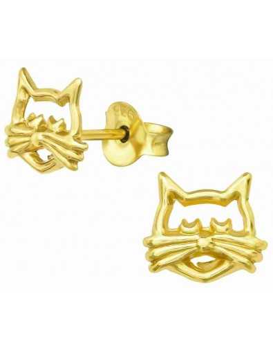 Boucle d'oreille Monsieur chat moustache dorée en argent 925