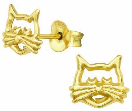 Boucle d'oreille Monsieur chat moustache dorée en argent 925