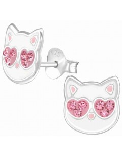 Mon-bijou - H38504 - Boucle d'oreille chat aux yeux cours rose en argent 925/1000