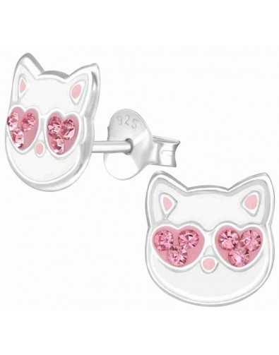 Boucle d'oreille chat aux yeux cœurs rose en argent 925