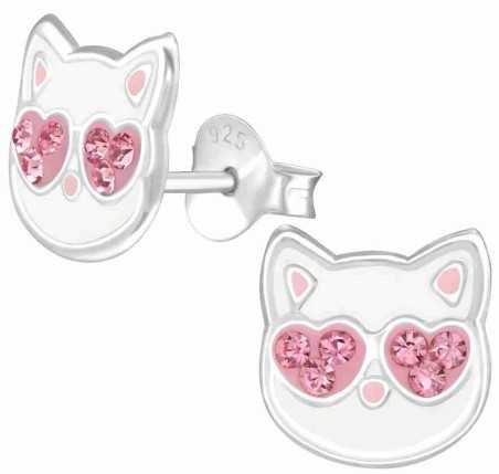 Boucle d'oreille chat aux yeux cœurs rose en argent 925