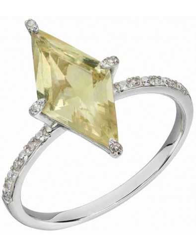 Bague diamant et quartz citron en or blanc 375