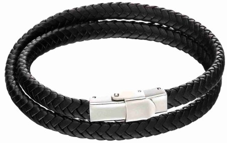 Mon-bijou - D5125 - Bracelet cuir noir en acier inoxydable