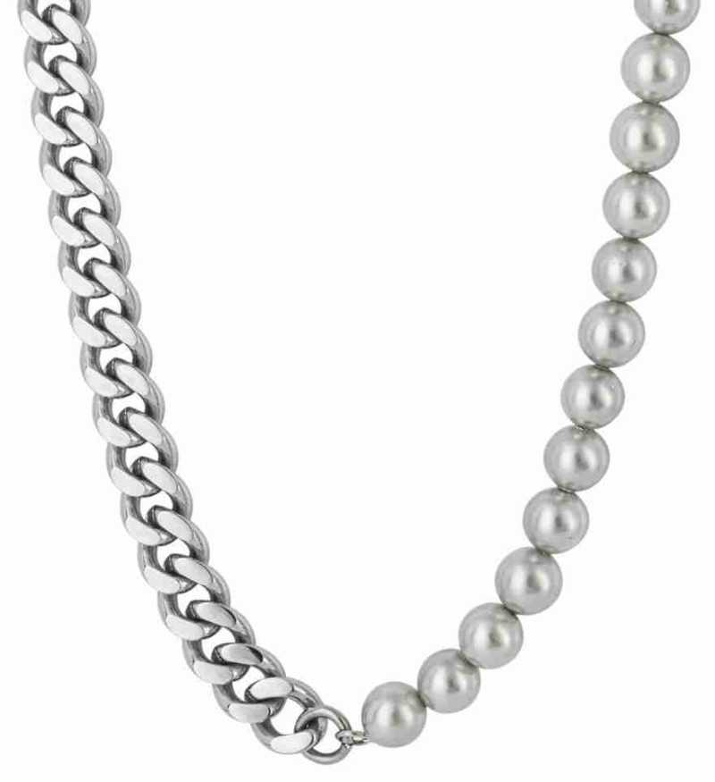 Collier perle nacre et chaine en acier inoxydable unisexe