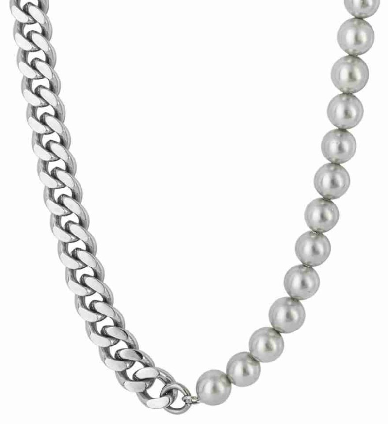 Mon-bijou - D4562a - Collier perle nacre et chaine en acier inoxydable unisexe