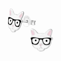 Boucle d'oreille chat blanc à lunette noir en argent 925