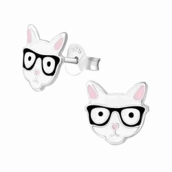 Mon-bijou - H31968 - Boucle d'oreille chat blanc à lunette noir en argent 925