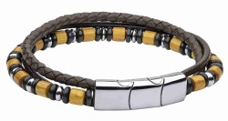 Mon-bijou - D5461a - Bracelet cuir de vachette véritable et perle de bois naturel en acier inoxydable