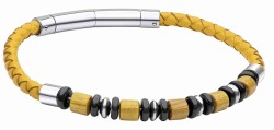 Mon-bijou - D5462a - Bracelet cuir de vachette véritable couleur moutarde et perle de bois naturel en acier inoxydable