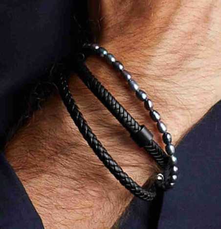 Bracelet cuir de vachette véritable et perle en acier inoxydable