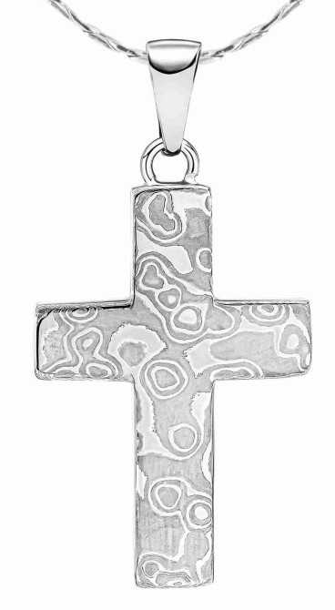 Collier croix en acier de Damas et en acier inoxydable